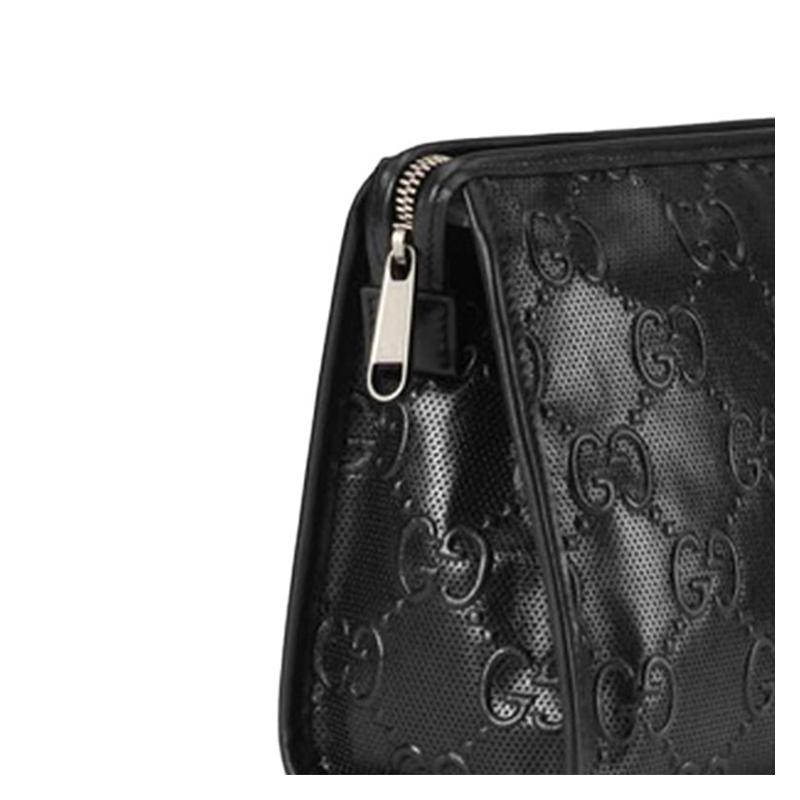 Gucci Presbyopia Logo Embossed Leather Cosmetic Bag, Toiletry Bag, Clutch, Same Style for Men and Women, Black