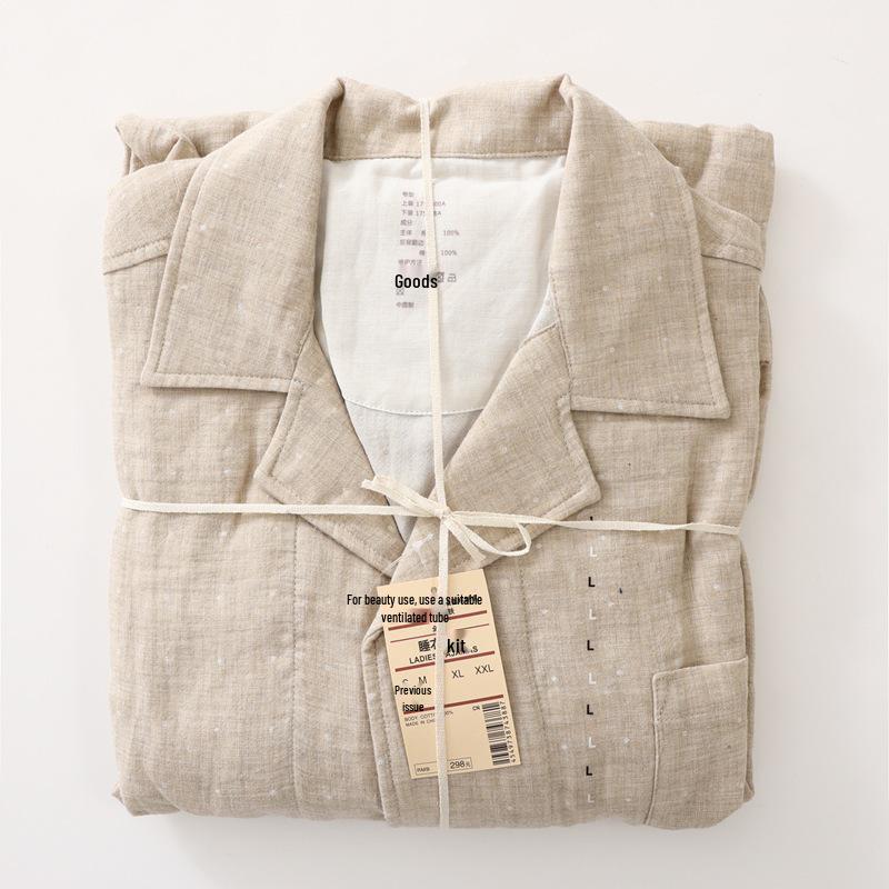 Пижама Muji из 100% хлопка с двойной марлей для мужчин и женщин - Весна/Лето, Бесшовная, Тонкий стиль, Чистый хлопок, Японское качество. Women's S beige