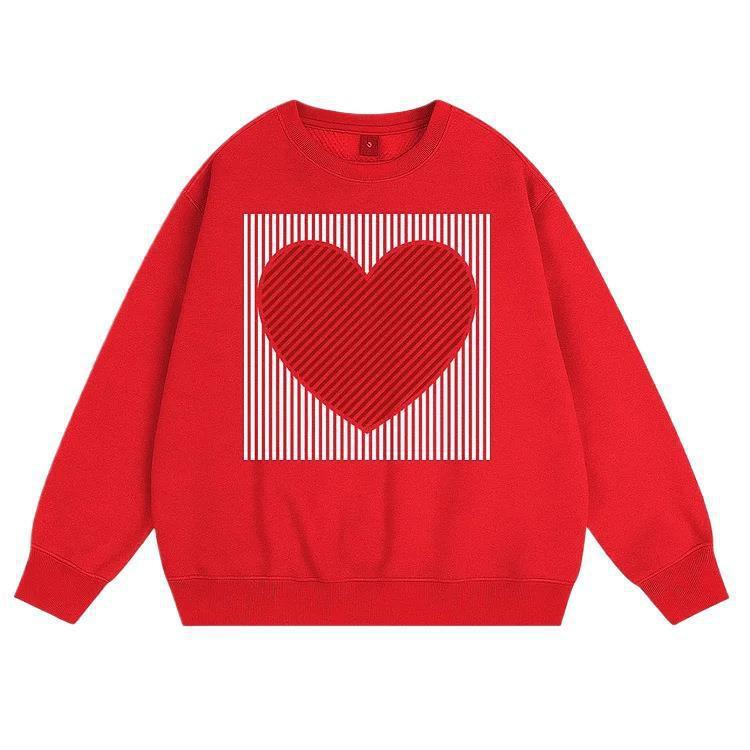 European Size Retro Striped Heart Print Women's Thin Fleece Hoodie for Autumn/Winter