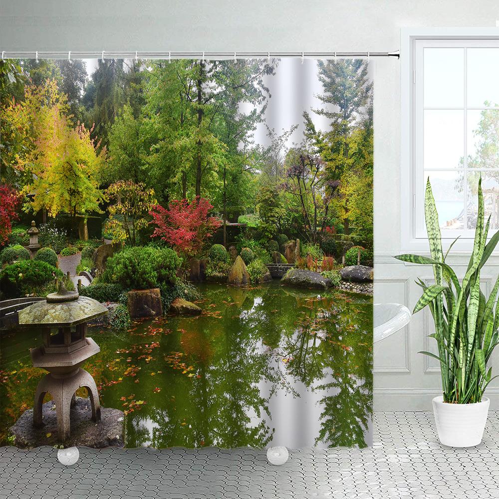 Spring Rural Landscape Shower Curtains Set Pink Flowers Tree Forest Natural Floral Green Plant Scenery With Hooks Bathroom Decor