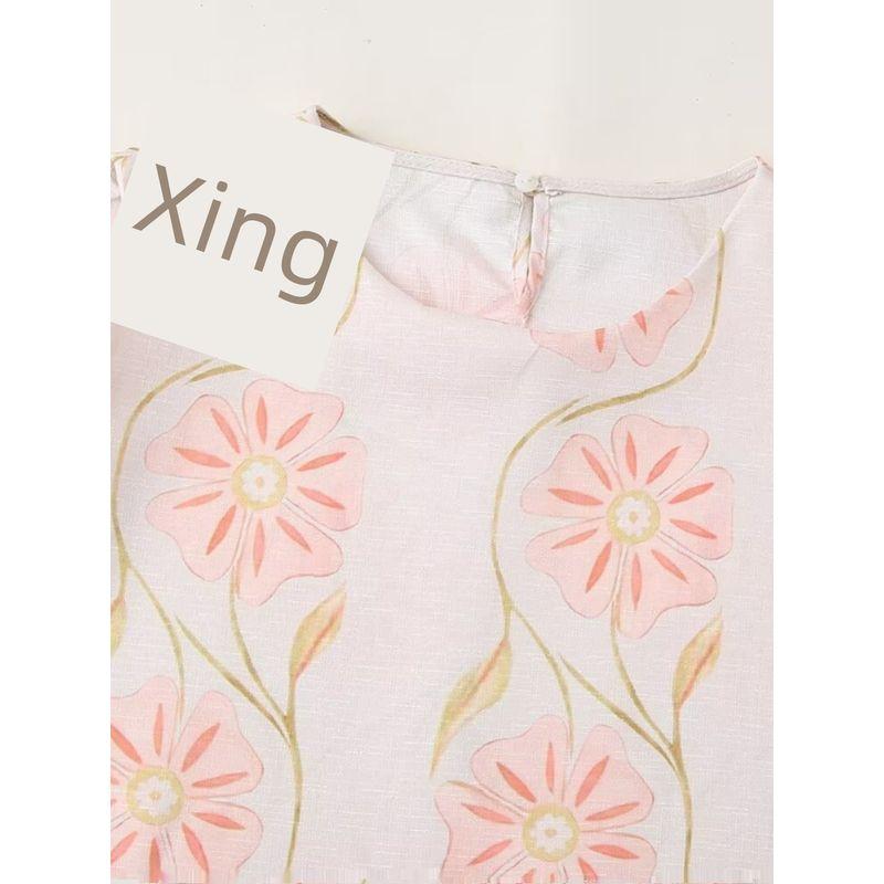Kaslead New Arrival Women's Clothing Fashion Style Fashion Slim Fit Slimming Linen Pink Flower Sleeveless Dress