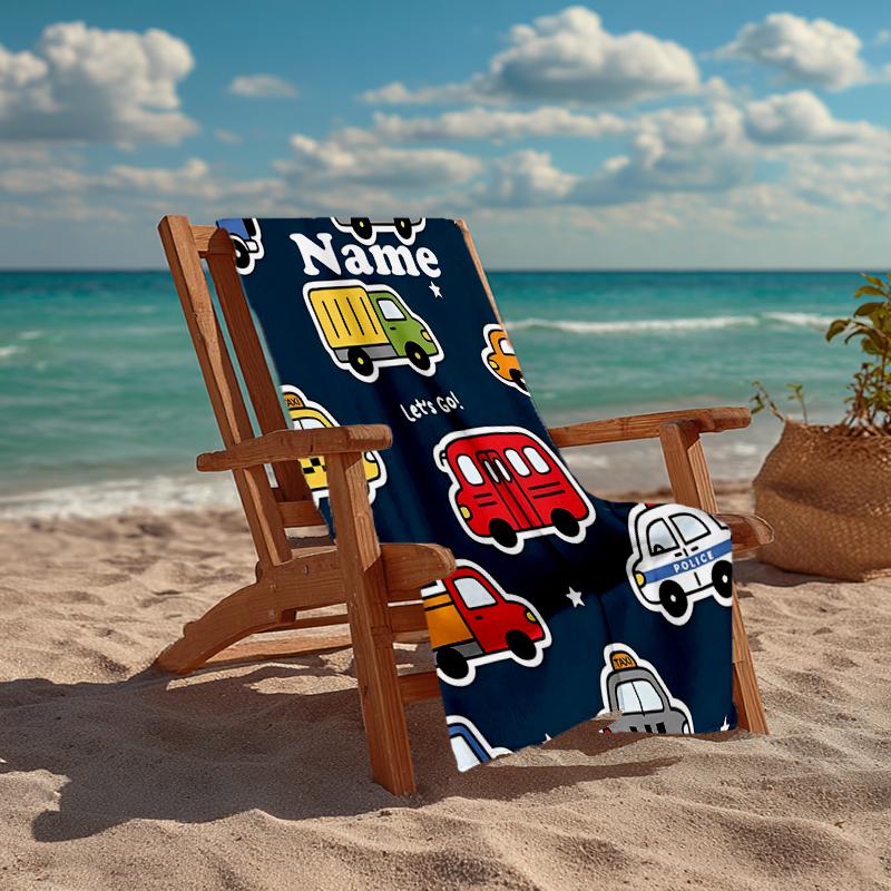 Custom Name Ultra-Soft Beach Towel with Cute Cars Theme,Ideal for Pool - Camping, Diving - Perfect Travel Essential, Vibrant Beach Towel.