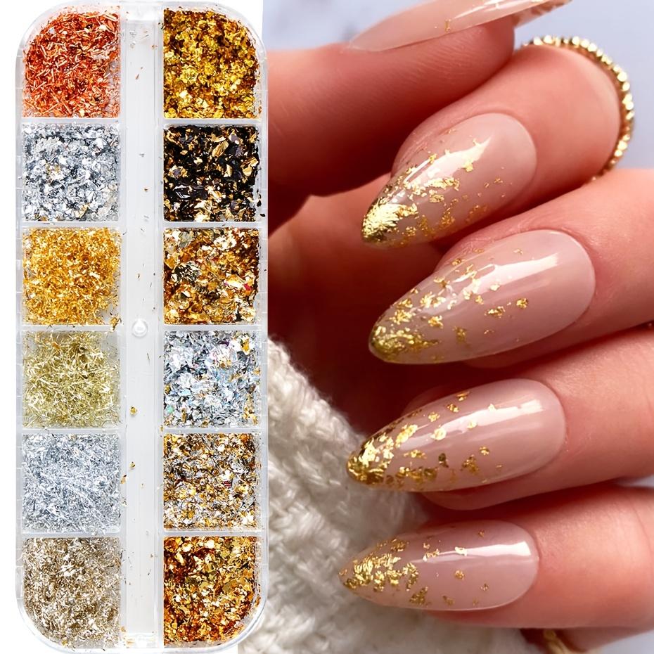 

12 ячеек разноцветных пайеток для ногтей из золотой фольги с неровными алюминиевыми хлопьями, идеально подходящих для блестящего дизайна ногтей и украшений для маникюра