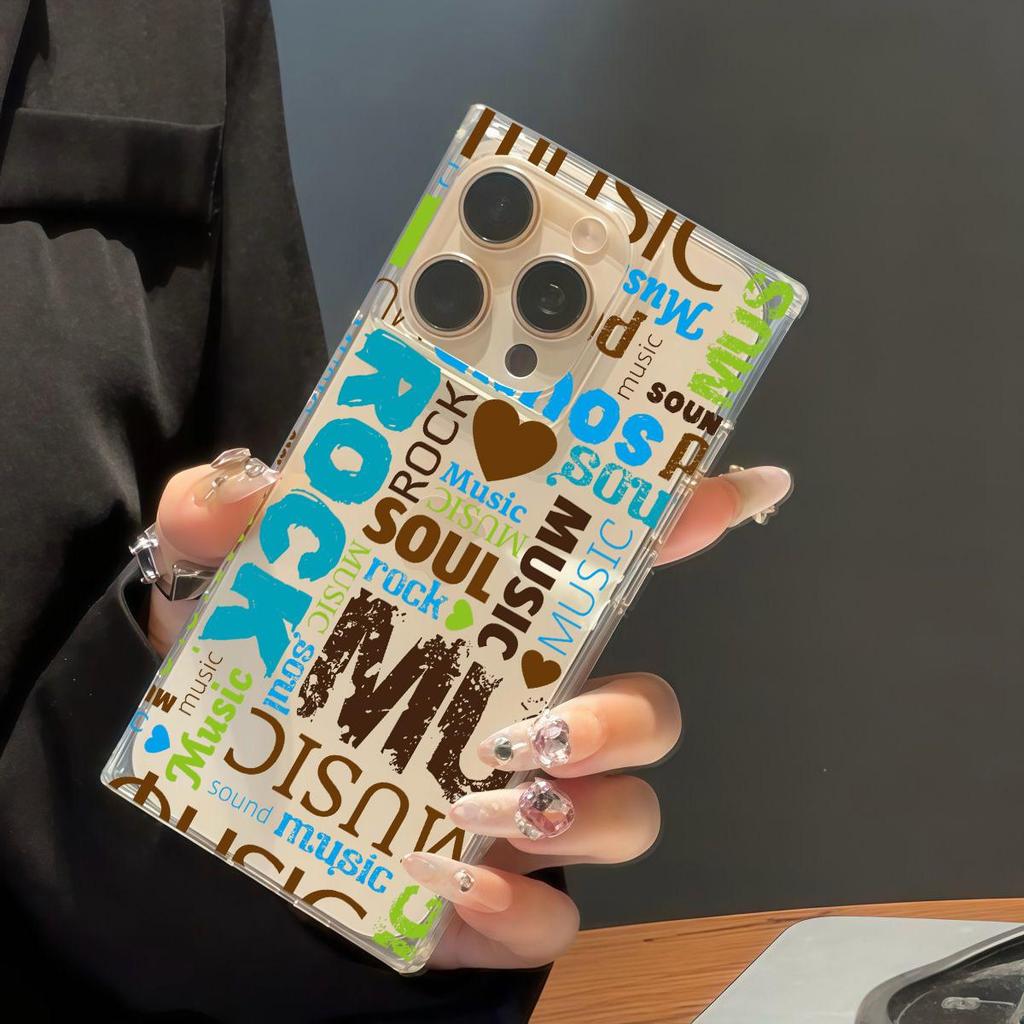 Transparente Quadratische Rückseite Röhrenhülle Schutz Für iPhone 12 15 Plus 11 13 16 ProMax 14 Pro Max Anti-Sauerstoff, Braunes Herz Englisches Muster Hülle