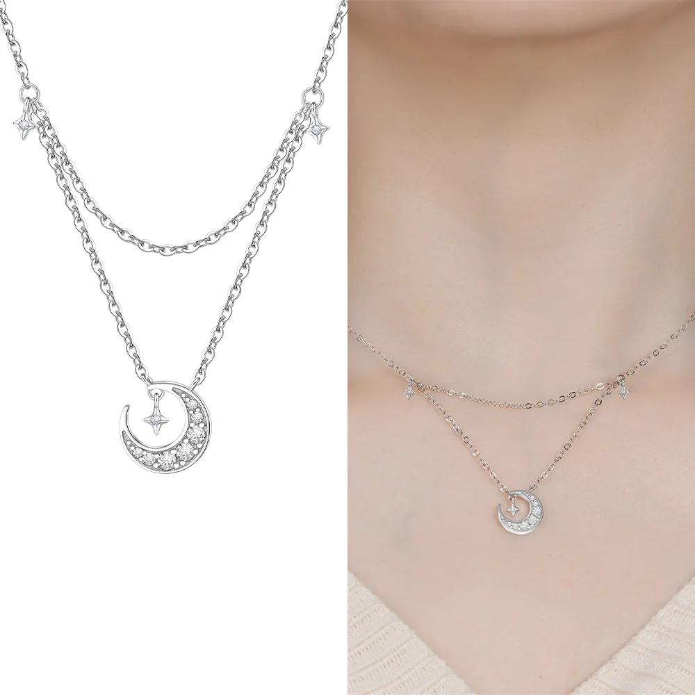 Authentic copper Necklaces Starry Sky Pendant Blue Zircon Moon Star Shape Heart Necklaces Women Jewellery Classical Anniversary Gift