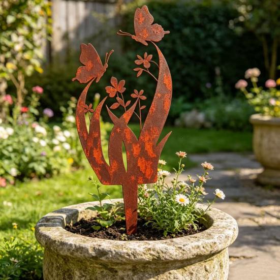 Ground Stake with Butterfly or Rabbit Design Garden Decorations Stake Rust-Resistant Iron Yard Artware for Lawn Patio