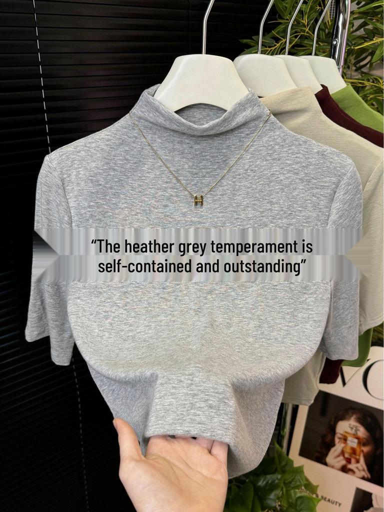 Women's Black Ribbed Three-Quarter Sleeve Slim-Fit Half-High Neck T-Shirt for Spring/Autumn 2025