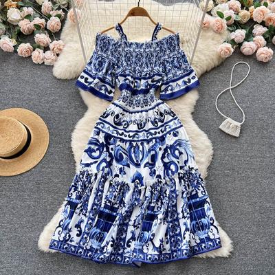 Weibliche Retro Druck Off Schulter Urlaub Kleid Mode Sommer Neue Sexy Palace Stil Frauen Marke Designer Kleider