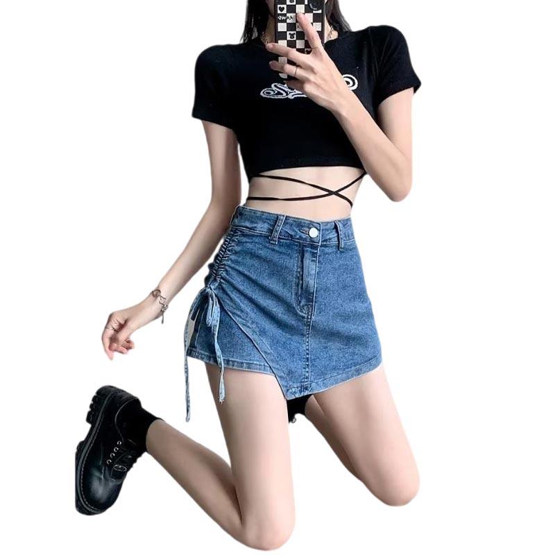 Джинсовая юбка с высокой талией на шнурке для женщин — фото 7