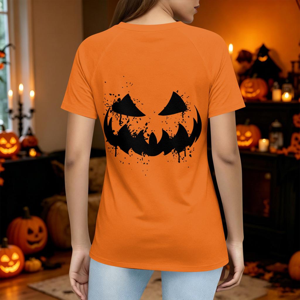 Women Casual Short Sleeve T Shirt Halloween Pumpkin Face Print Crew Neck Lightweight Top for Everyday Wear