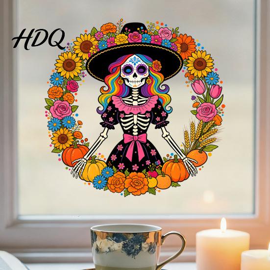 Versatile DIY Window Paster Day of the Dead Sugar Skull Lady Static Cling Día De Los Waterproof PVC Clings Muertos Sunflower Wreath Glass