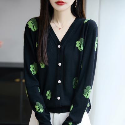 Early Autumn New V-neck Knitted Cardigan Long-sleeved Women's Jacquard Loose Design Top Coat