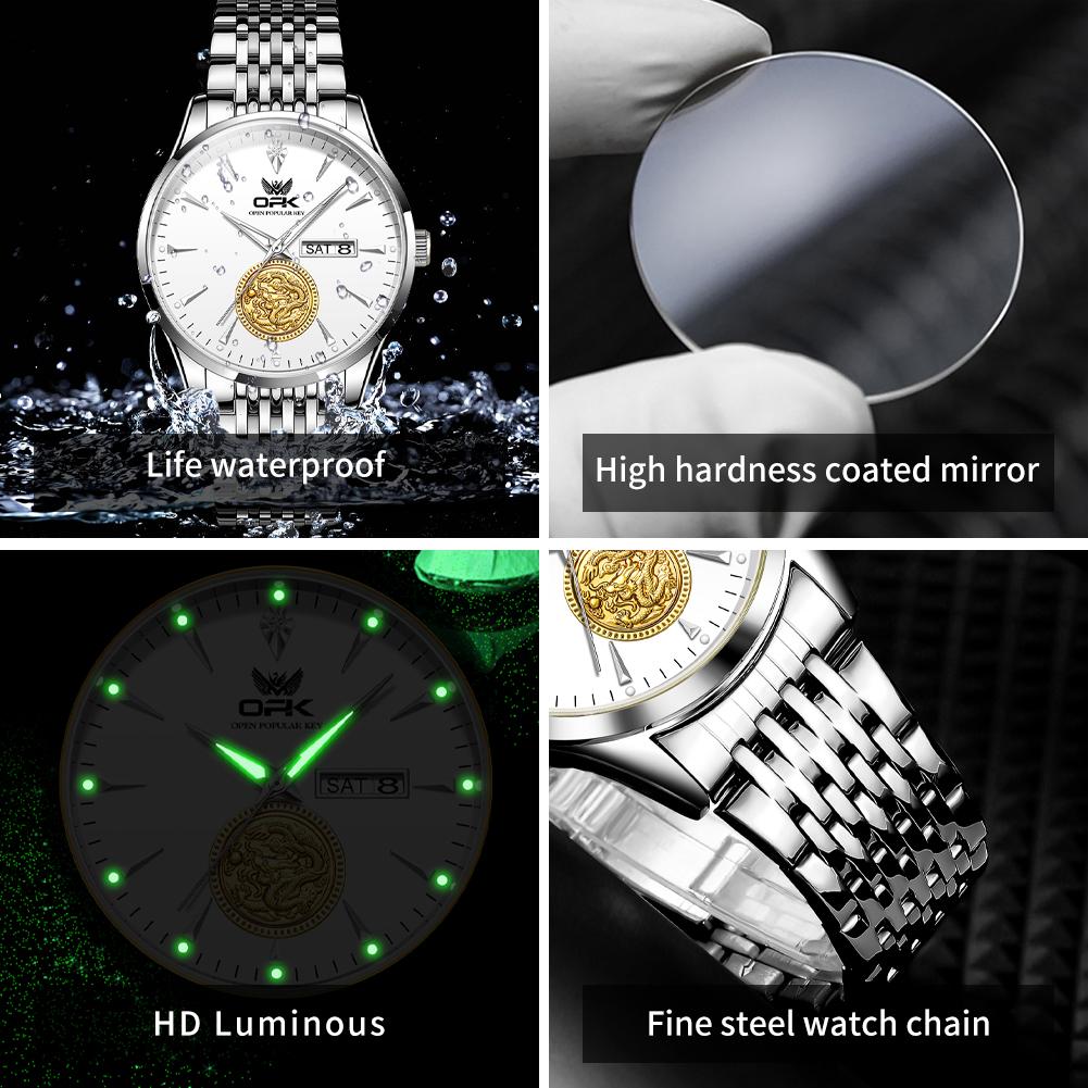 OPK 8150 Men's Dress Wristwatch Luxury Waterproof Luminous Dual Calendar Original Business Quartz Watch for Man