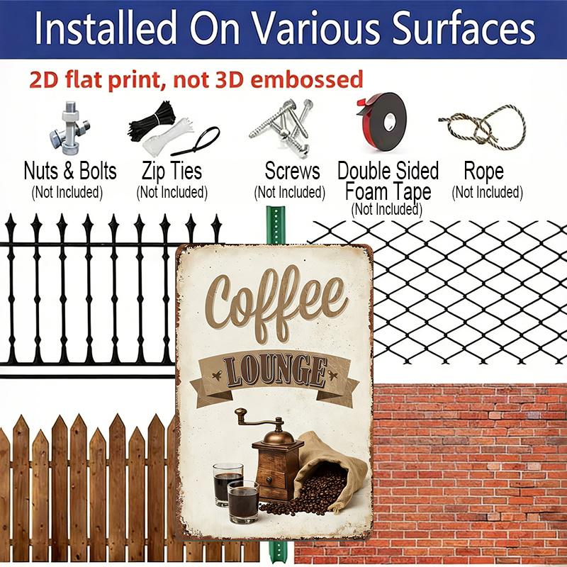 2D Flat 8*12inch Aluminum Sign and Plaque, Retro Coffee Lounge Decorative Aluminum Plate with Coffee Bean Grinder and Cup Design, Suitable for Cafes