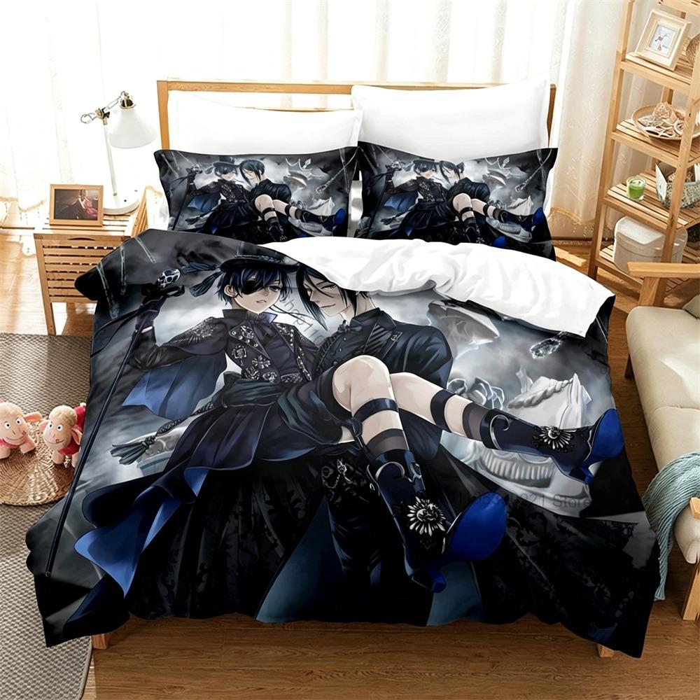 Set Biancheria da Letto Black Butler Kuroshitsuji 2/3 Pezzi Copripiumino Sebastian Ciel Cartone Animato Biancheria da Letto per Bambini Adulti Camera da Letto