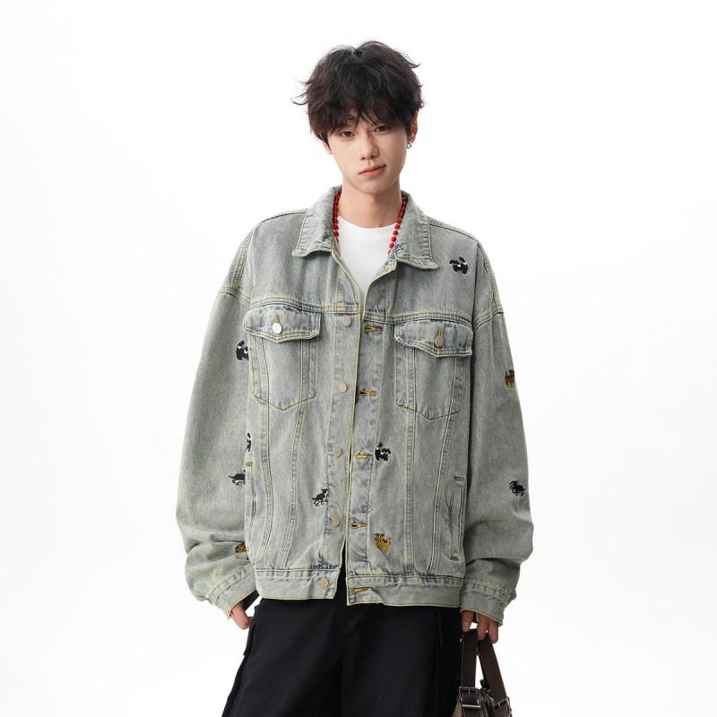 Unisex Oversized Denim Jacket With Embroidered Cartoon Dog Streetwear 2026 Casual Outerwear