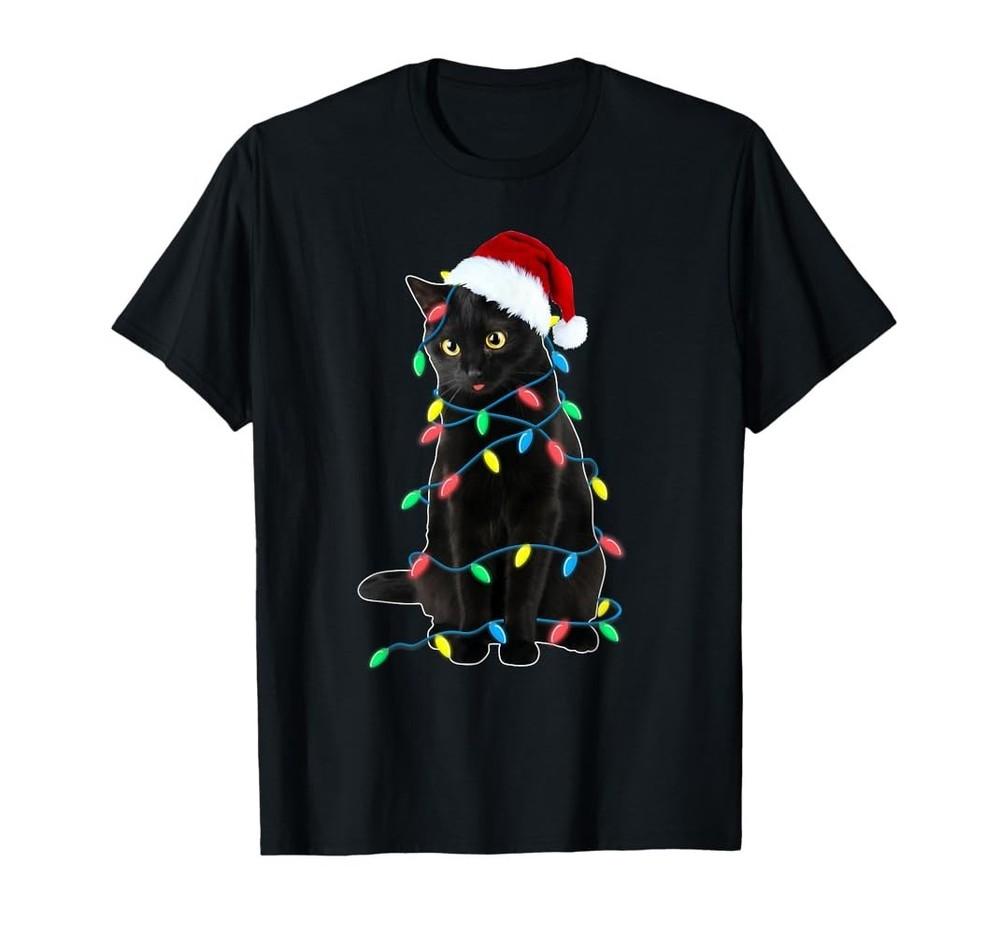Black Cat Christmas Tree Lights Funny Santa Kitten Led Light Shirt HS129 Unisex T-Shirt