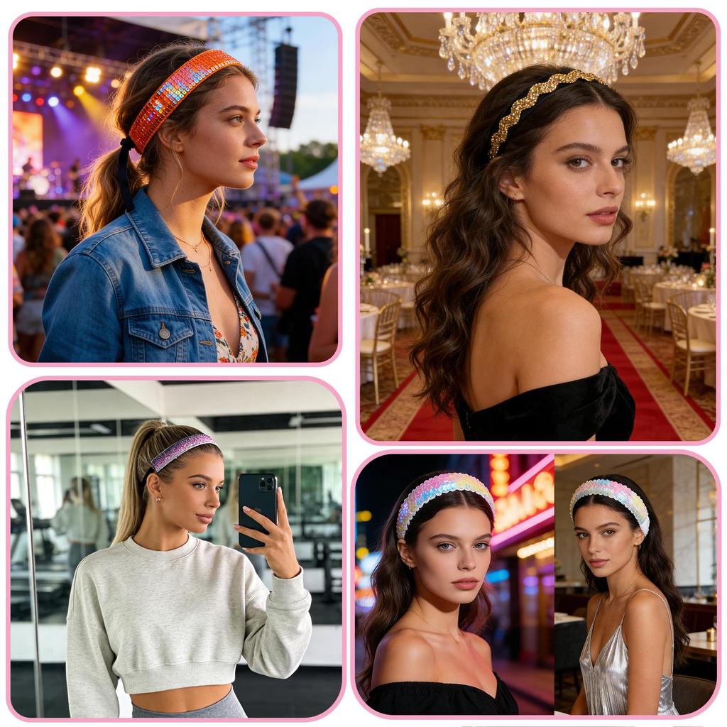 Adjustable Glitter Sequin Headbands for Women, Non Slip Velvet Lined Sports Yoga Hair Bands, Sparkly Elastic Head Wraps for Party Festival Gym Running