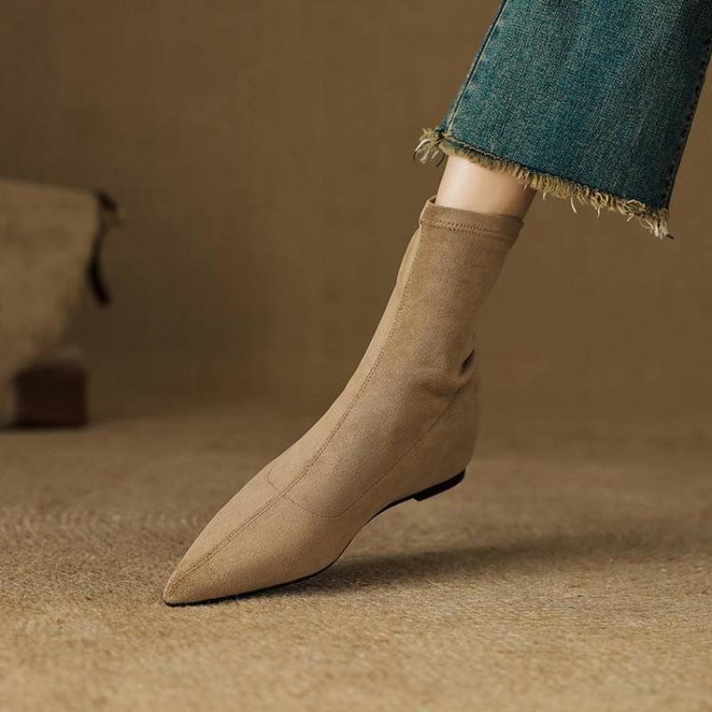 New Women's Elastic Fashion Boots Sleeve Solid Color Medium Heel Pointed Wedge Heel Large Size Women's Boots Comfortable Autumn and Winter Boots