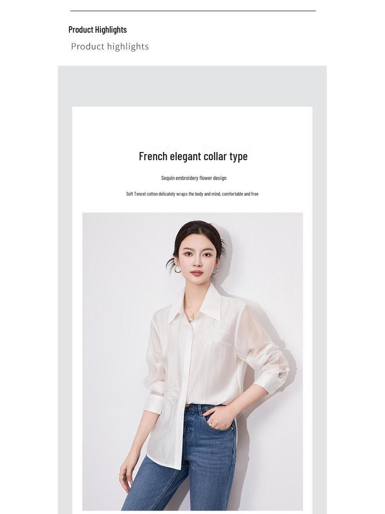 Elegant Women's Tencel Cotton Sequin Embroidery Long Sleeve Shirt with Lapel Design - Spring Collection