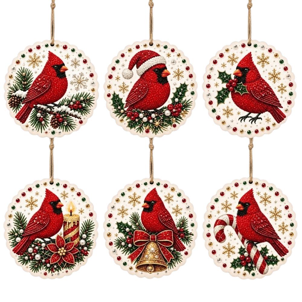 6pcs DIY Craft Pearl Diamond Painting Kit 2D Flat Wooden Tag Pendants New Year Gift