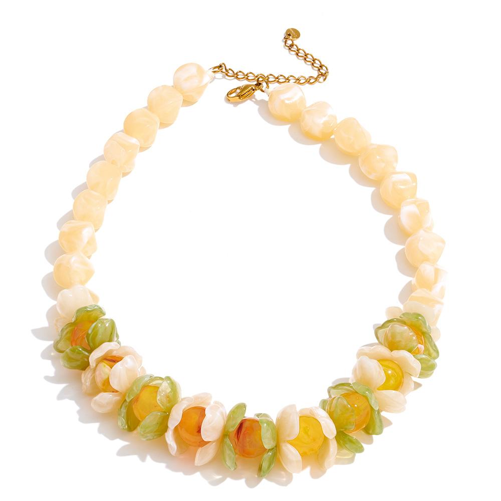 Yhpup New Handmade Jewelry Spring Color Resin Acrylic Flower Round Beads Chain Sweet Necklace Waterproof Fashion Accessories