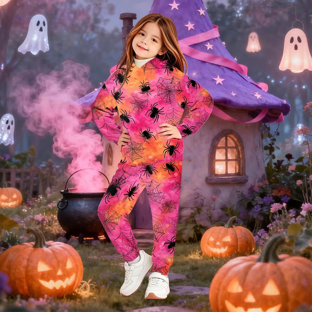 Kids Hooded Halloween Print Outfit Set with Pockets for Costume Party