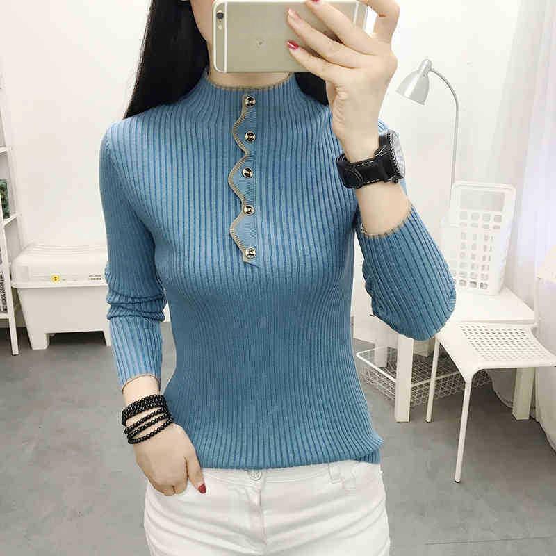 

Осень и Зима Новый Свитер Полувысокая Горловина Вязаный Базовый Свитер для Женщин Однотонный Свитер S светло-синий