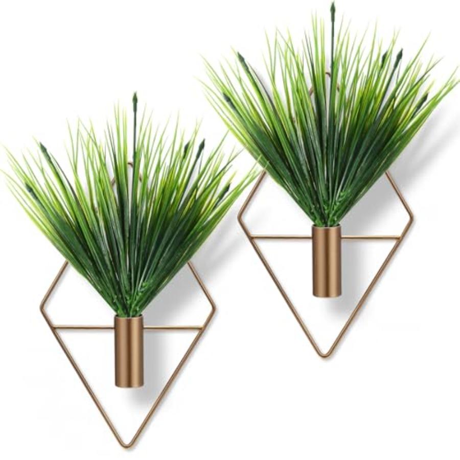 4 Pieces Bronze Wall Decor Hanging Planters with Artificial Aquatic Plants Metal Hanging Vase Indoor Plants Holder Modern Boho