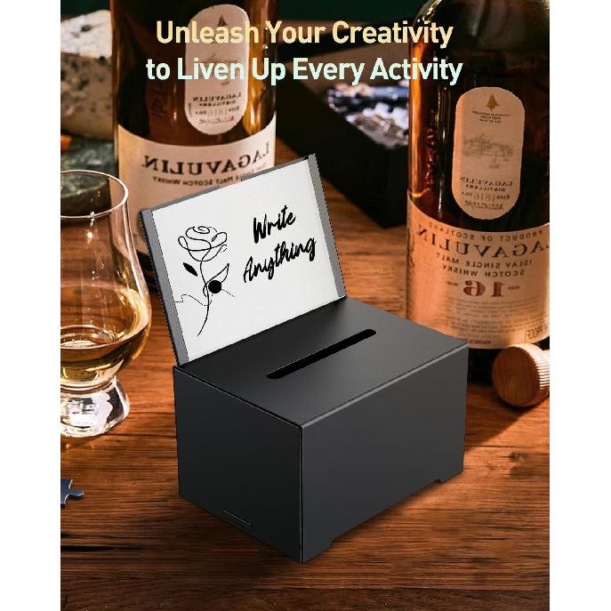 Uniclife Metal Donation Box for Fundraising, Suggestion Box with Slot and Lock, Black Ballot Boxes with Sign Holder, Storage Container for Voting