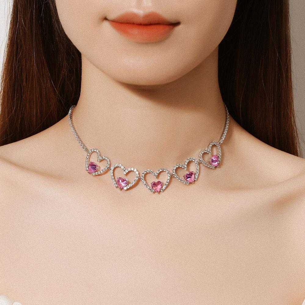 Pink Heart Zircon Jewelry Set for Women Luxury 5 Heart Necklace Double Heart Earrings Elegant Gift