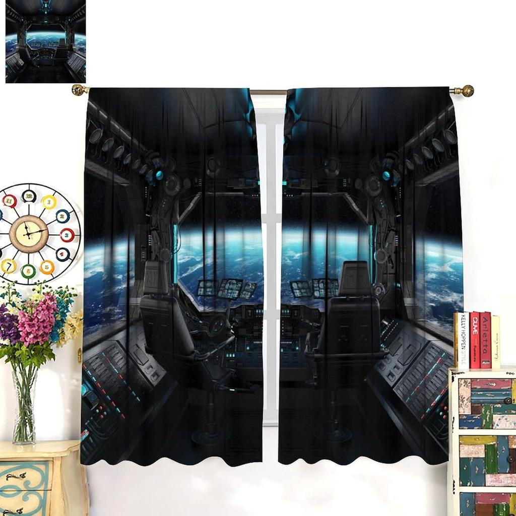 Spaceship Curtains Galaxy Futuristic Science Spacecraft Cabin Art Printed Window Drapes Kids Boys Bedroom Decor Fabric Curtain Polyester Washable