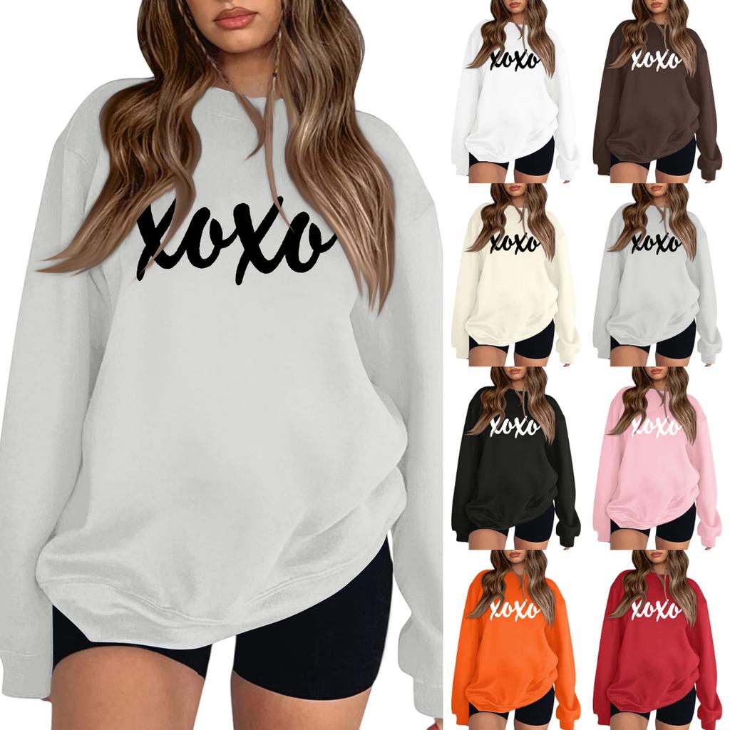 Women's Fashion Round Neck Long Sleeve Solid Color Letter Top Sweatshirt