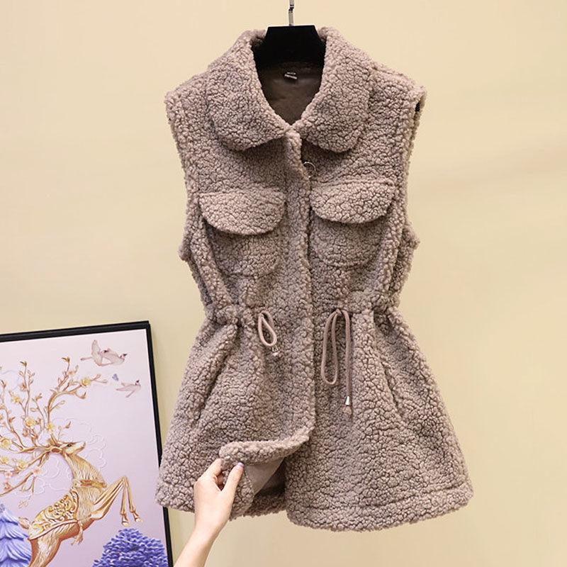 Lamb Wool Waistcoat Jacket Female Autumn and Winter Loose Mid-length Outer Jacket Solid Color Pocket Sleeveless Sweater