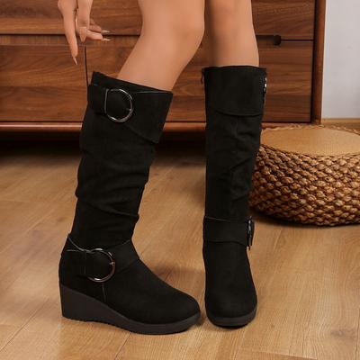 Wysokie Obcasy Kobiety Zamszowe Długie Kozaki 2025 Zima Modne Eleganckie Buty Koturny Nowe Trendy Wygodne Buty Klasyczna Klamra Kozaki do Kolan Mujer