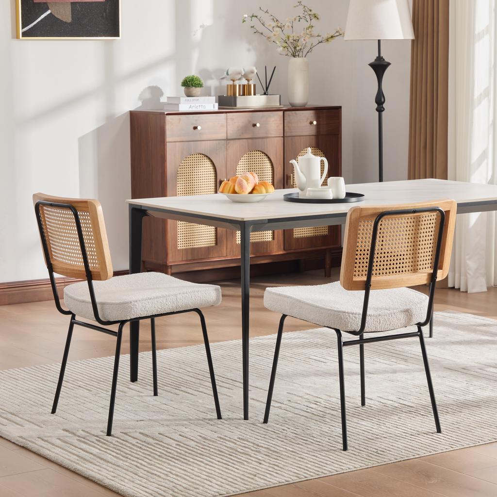 Modern Dining Chair, Set of 2, Chenille Upholstery, Without Armrests, Solid Wood Frame On the Backrest, Rattan Look, Adjustable Metal Feet-Ivory