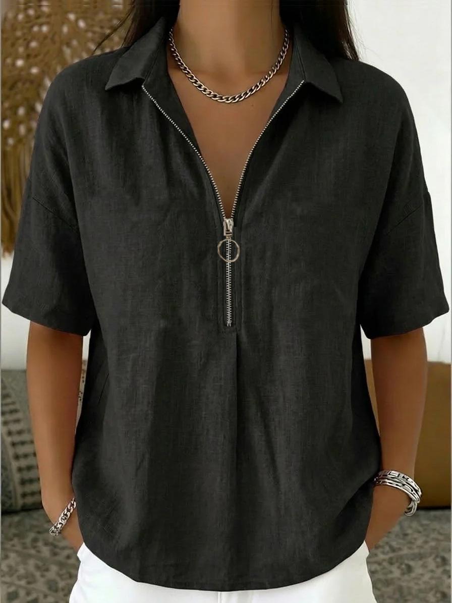 Summer popular women s shirt fashion solid color cotton and linen lapel zipper short sleeve T-shirt women S чёрный