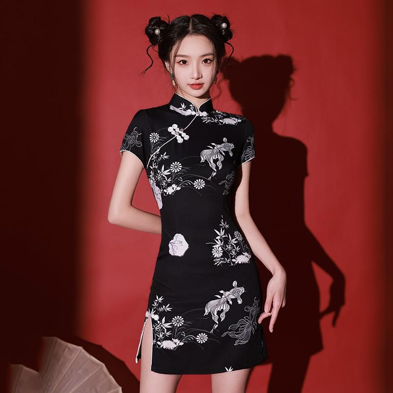 Womens Modern Chinese-Inspired Short Cheongsam Dress With Stand Collar Sleeveless Cut Petite Figures Small