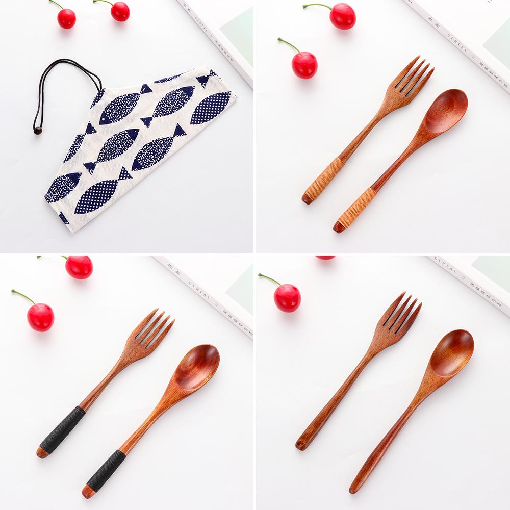 

Kitchen Handmade Cloth Bag Portable Wooden Natural Spoon Fork Cutlery Set Tea Scoops