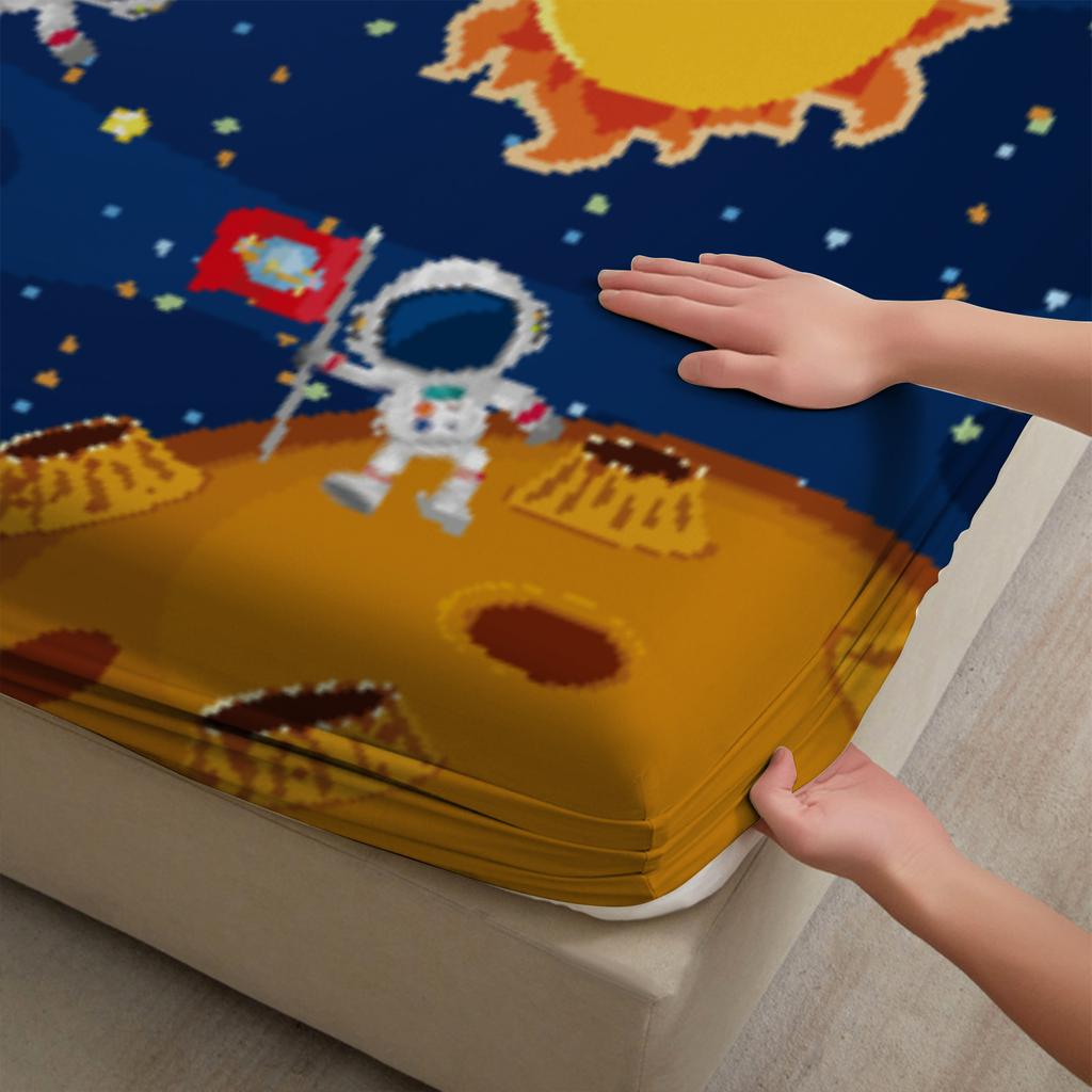 3pcs Playful Fitted Sheet For Kids Children Set Space Rockets Astronauts Planets Stars Printed Bed Sheet With 2 Pillowcases