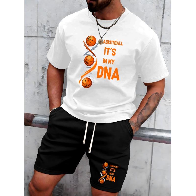 European Size Men's Summer T-Shirt , DNA Basketball Element Men's Versatile Outfit, Casual Short Sleeve Top Trendy Leisure Sportswear