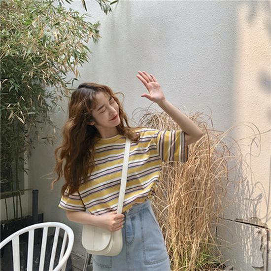 2021 Summer Women's Korean Striped Casual Loose Short-Sleeve T-Shirt