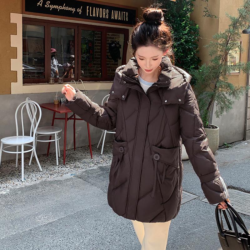 

2025 Хлопковая куртка Зима Новая средней длины Утолщенная стеганая куртка С капюшоном Свободная Приталенная Пуховик Хлопковая куртка Женская Теплая куртка XXL