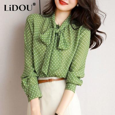 Spring Autumn Elegant Fashion Polka Dot Printing Shirt Women Long Sleeve Bow Blouse Female Temperament Top