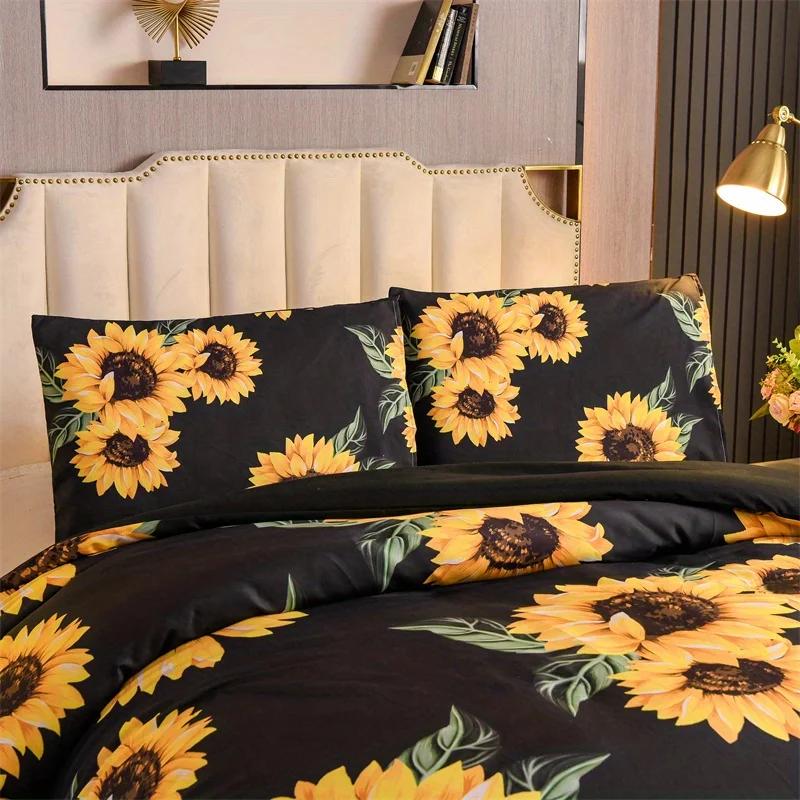 3D Blumen Bettbezug Größe für Frauen Gelbe Blumen Bettwäsche Set Sonnenblumenmuster Dekor 1 Bettbezug 2 Kissenbezüge