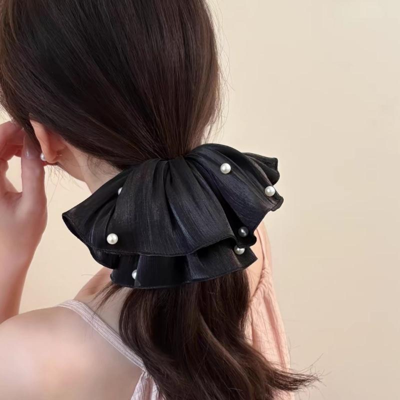 Übergroße Haargummis mit plissiertem Mesh und Perlendetail, Zopfgummi, modische Haaraccessoires für den täglichen Gebrauch