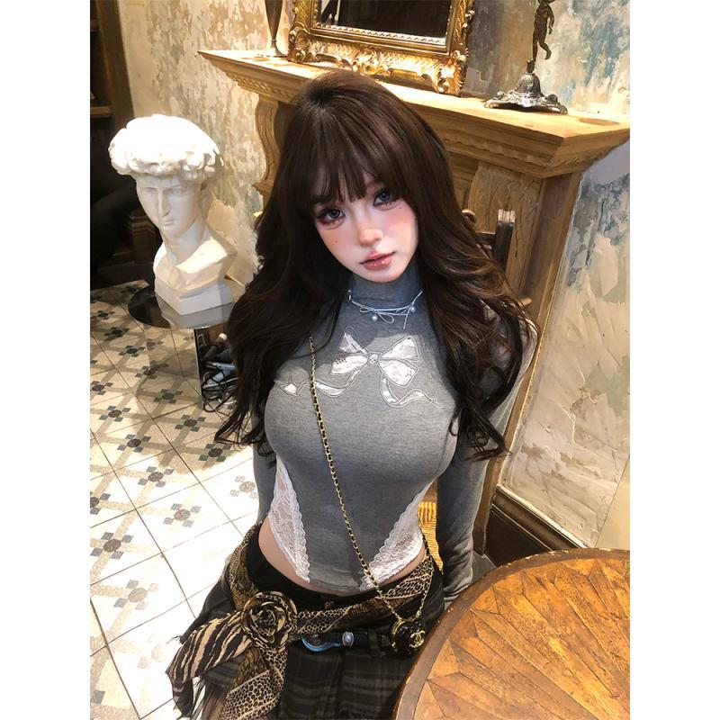 Spice Girl Long Sleeve Lace Splicing Pure Desire T-shirt Women Early Autumn New Slim-fit Design Sense of Top