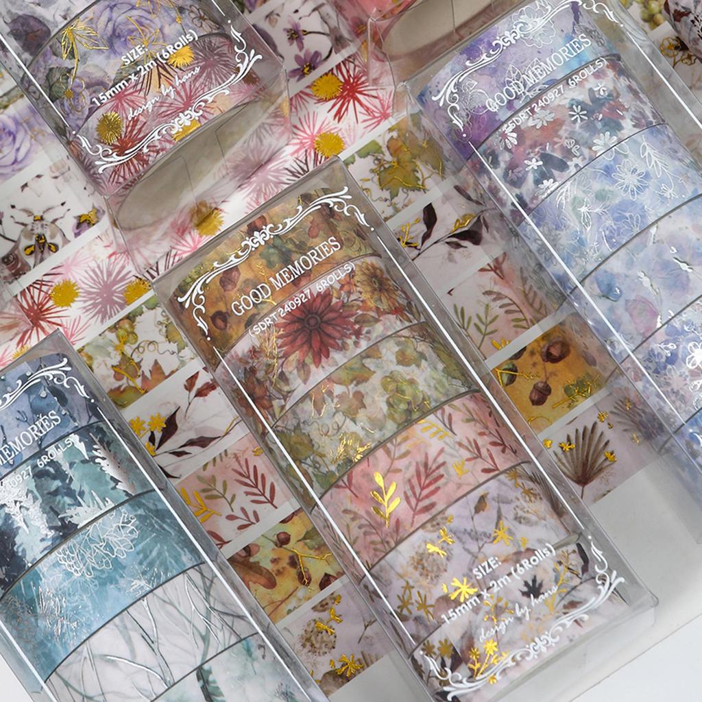 YUBBAEX Floral Masking Tape Plant Design with Silver Foil Washi Paper for Journal Wrapping 6-Roll Set Stamping, Tape, Art/DIY Crafts/Bullet