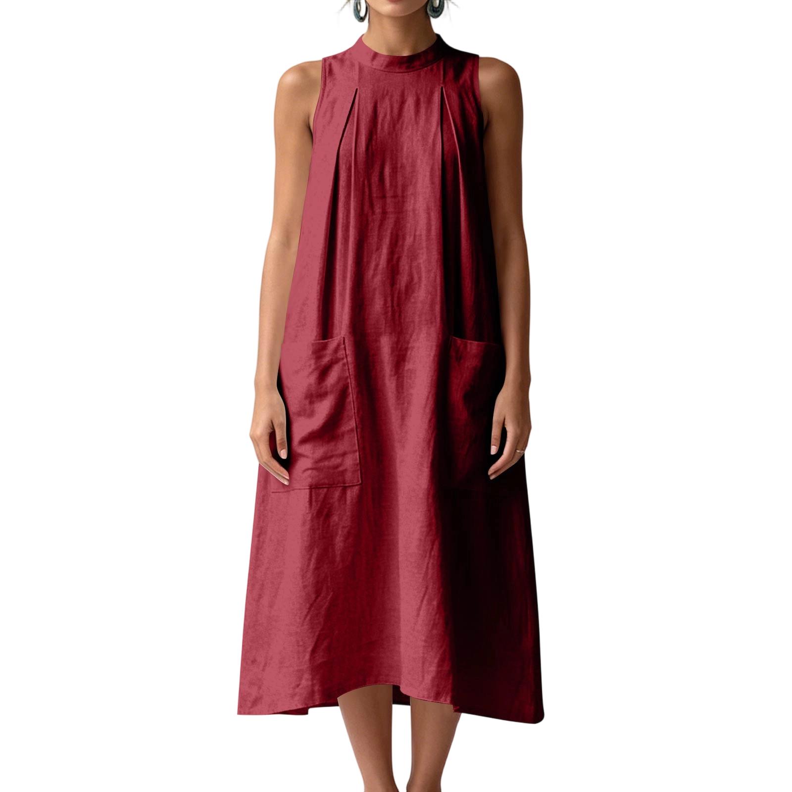 

Women’s Sleeveless Stand Collar Loose Fit Vintage Cotton Linen Dress With Large Front Pockets For Summer Casual Wear L