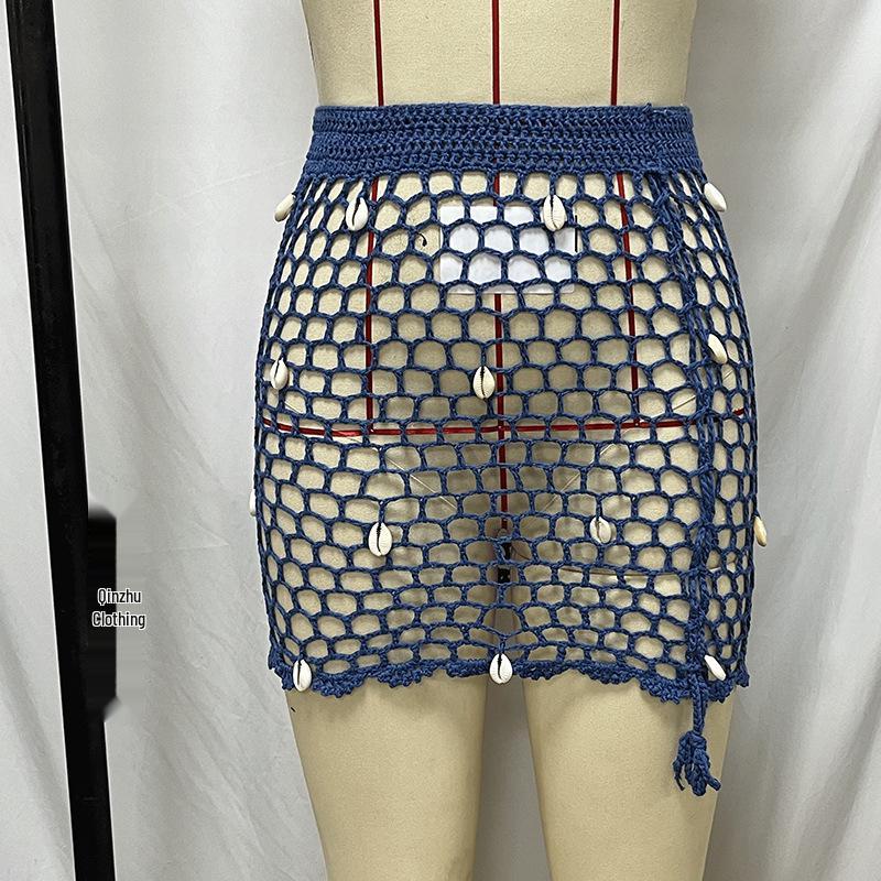 European-American Crochet Beach Cover-up Skirt: Hollowed Design, Bikini-ready, Hand-crocheted Seashell Style.